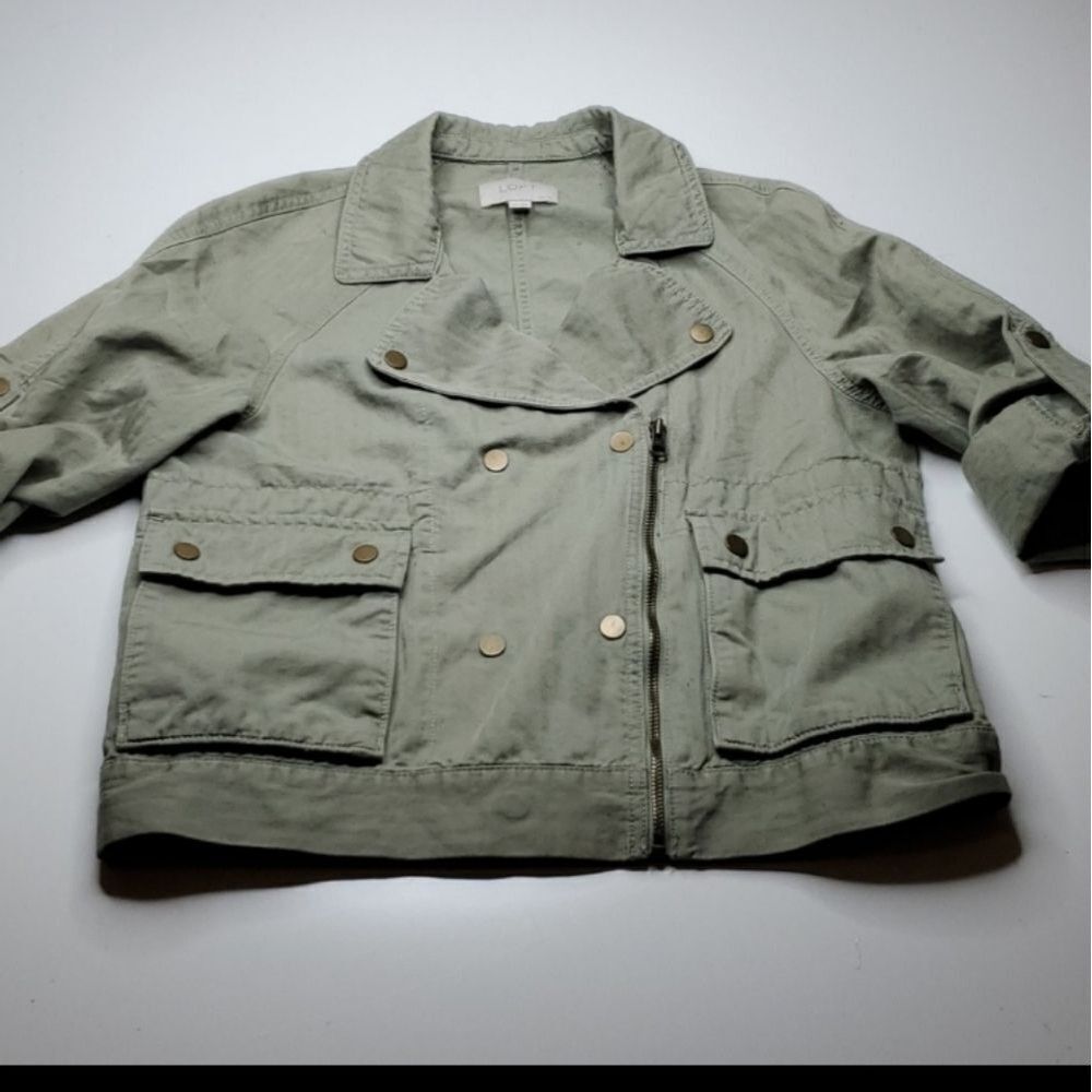 LOFT SP LINEN BLEND SAGE GREEN UTILITY MILITARY SHORT SLEEVE JACKET small petite